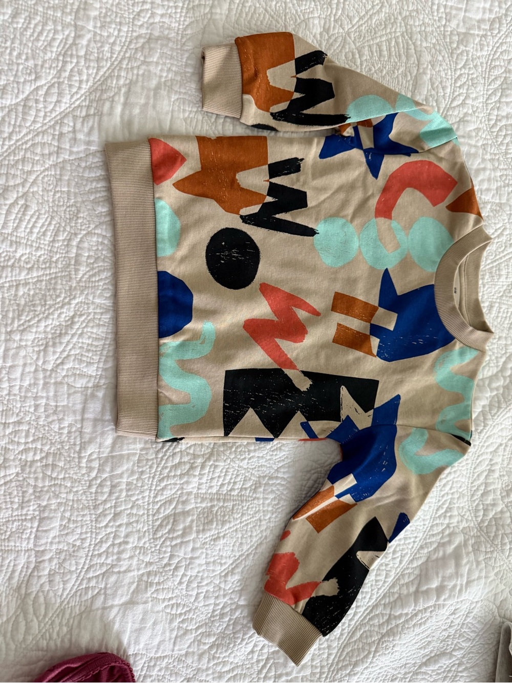 H&M Beige Sweatshirt with Blue, Mint, Rust, Black and Coral Shapes